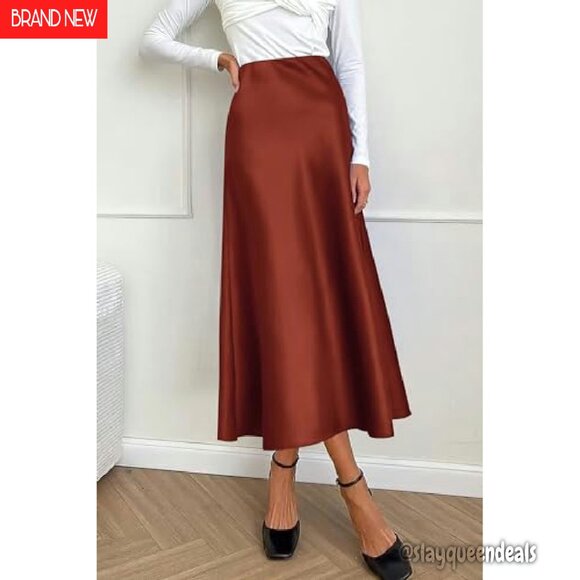 Satin Midi Skirt High Waisted A-Line Flowy Elegant Cocktail Wedding - Picture 7 of 8
